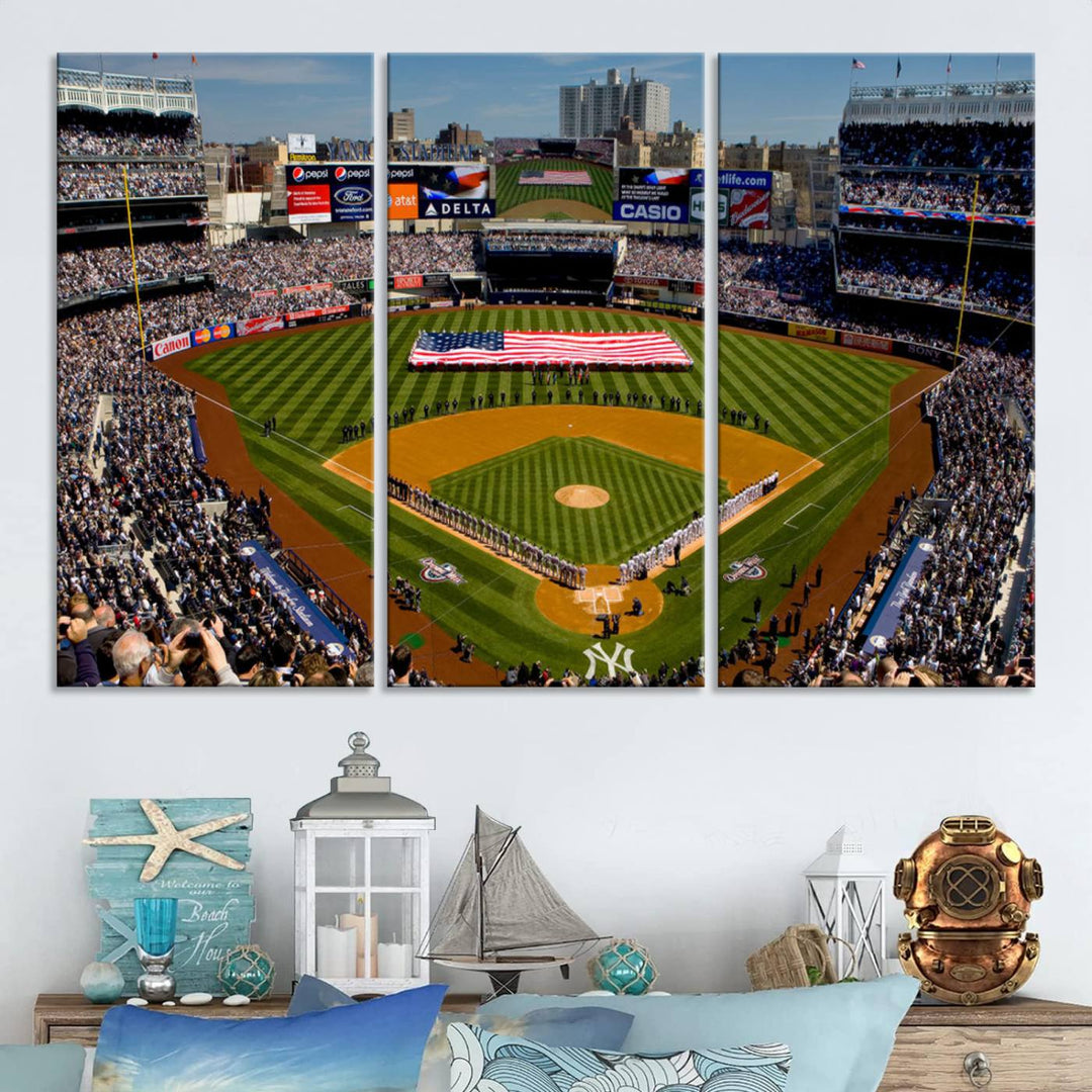 The Yankee Stadium New York wall art print features a vibrant scene of baseball fans with a large flag and players, expertly capturing the spirit of the game. This ready-to-hang décor is perfect for adding a dynamic touch to any space.