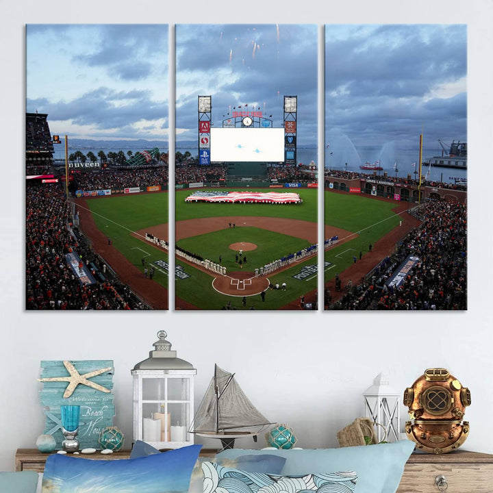 This framed 3-panel canvas MLB wall art features a giant flag and fans under a cloudy sky at Oracle Park.