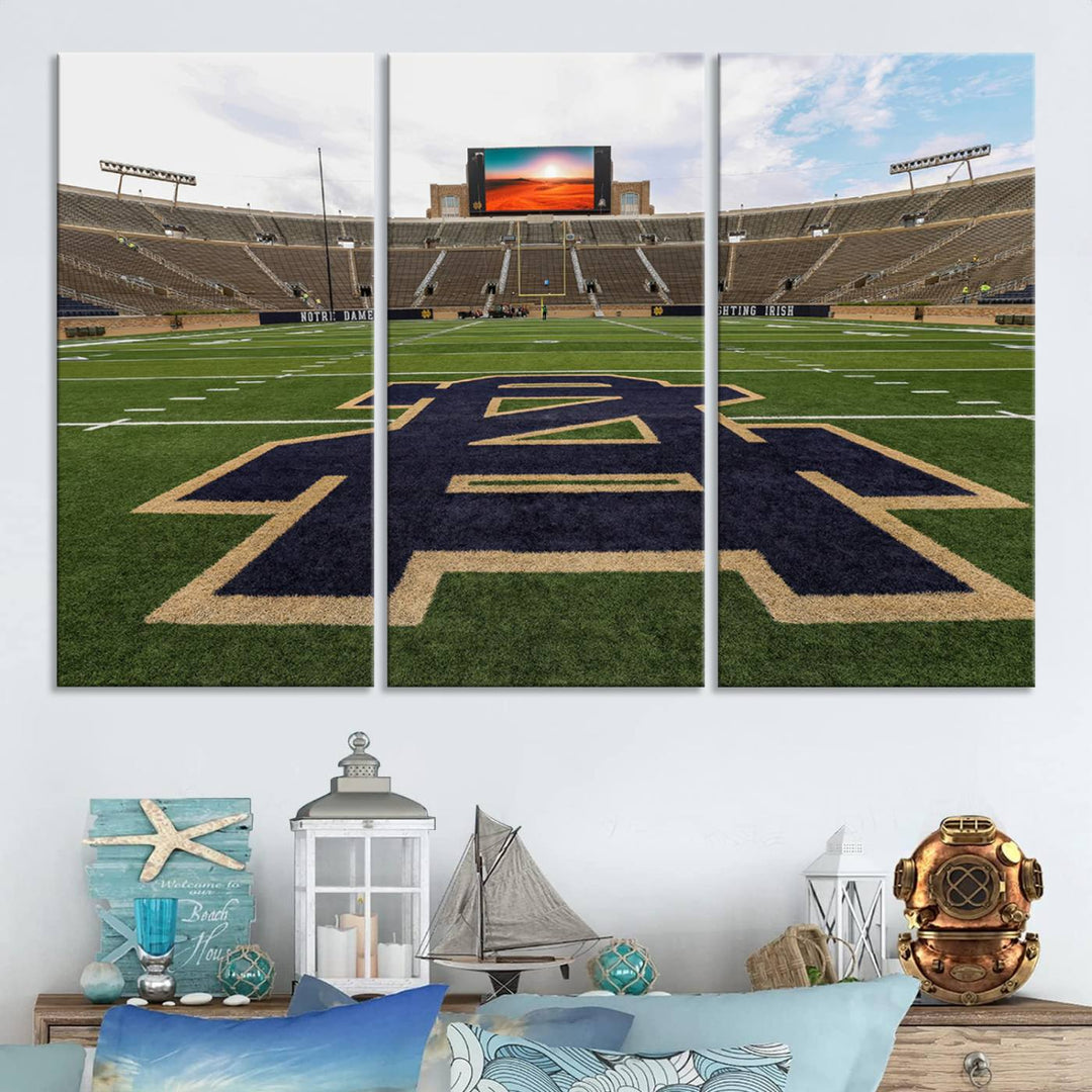 Notre Dame Stadium Triptych: This ready-to-hang giclee canvas print features a vibrant depiction of the football field adorned with an A logo and a stunning sunset.