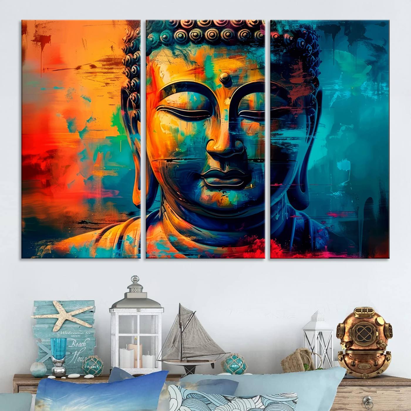 A vibrant, abstract artistic rendition of a Buddha statue face, blending bold and contrasting colors to evoke a sense of peace, spirituality, and enlightenment.