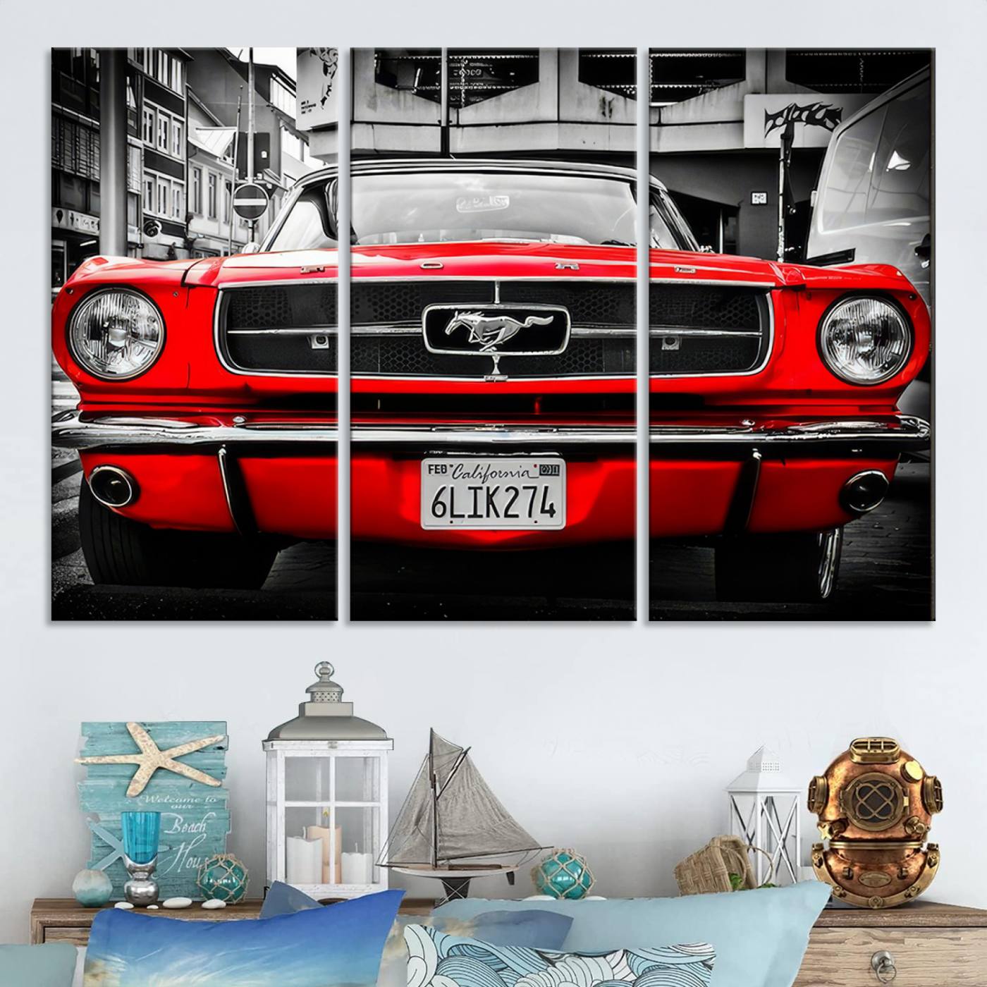 Front view of a bold red 1960s Ford Mustang parked in an urban environment, captured in dramatic contrast with a black-and-white city backdrop, emphasizing its timeless American muscle car identity.