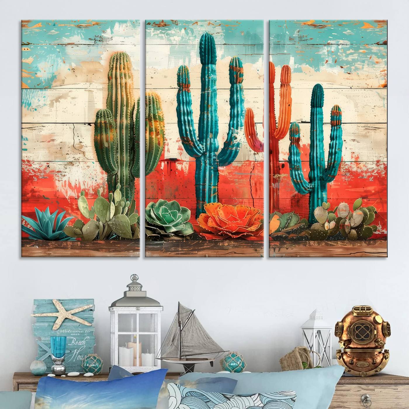 A vivid southwestern-style artwork featuring an eclectic mix of cacti and succulents painted against a textured, rustic wood backdrop in rich turquoise, red, and orange hues.
