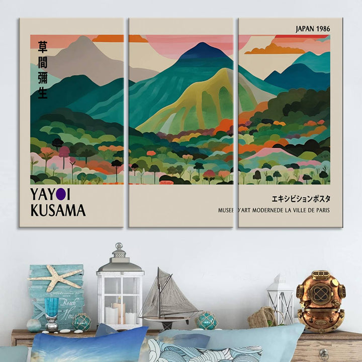 Vibrant Kusama landscape canvas featuring floral mountains and botanical decor, ideal for a modern home.