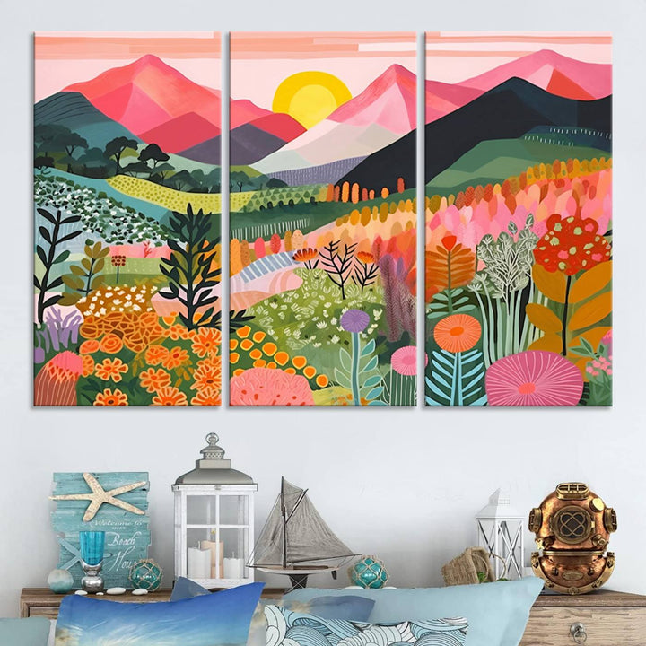 Vibrant abstract landscape canvas: Yayoi Kusama 1986 wall art print featuring mountains, sun, and flowers. Ready-to-hang.