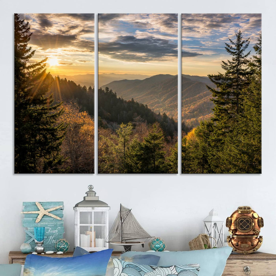 The dining area is beautifully decorated with the Sunrise Over the Smoky Mountains Canvas Wall Art – a breathtaking scenic landscape photography in a stunning triptych that's ready to hang.