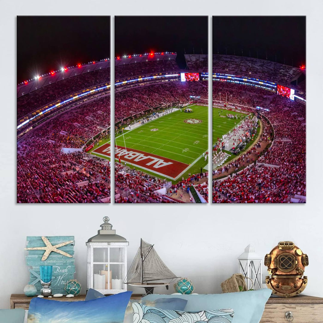 The living room features a Bryant-Denny Stadium Night Game Triple Canvas Wall Art.