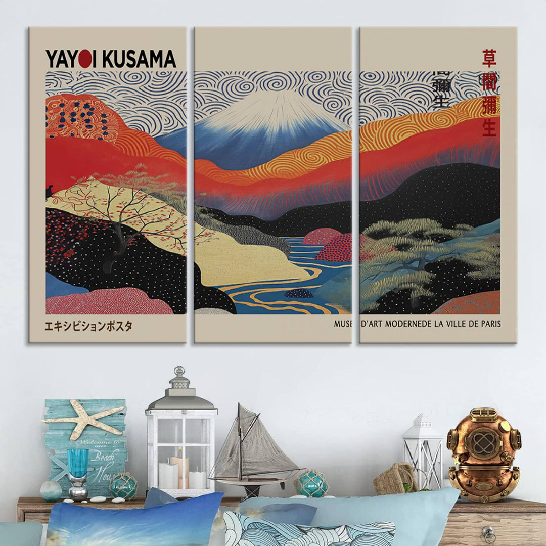 A framed Yayoi Kusama 1986 wall art print, showcasing vibrant abstract landscapes with a Wabi Sabi influence, is prominently displayed as a Japanese wall art piece.