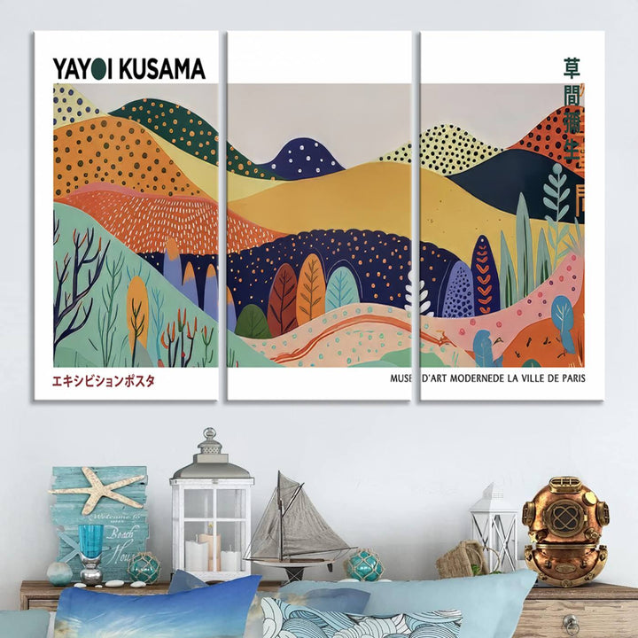 A triptych featuring the Framed Yayoi Kusama 1986 Wall Art Print hangs above. This Japanese Wabi Sabi inspired piece, rich in vibrant abstract landscapes, adds an elegant touch to any nature-inspired décor.