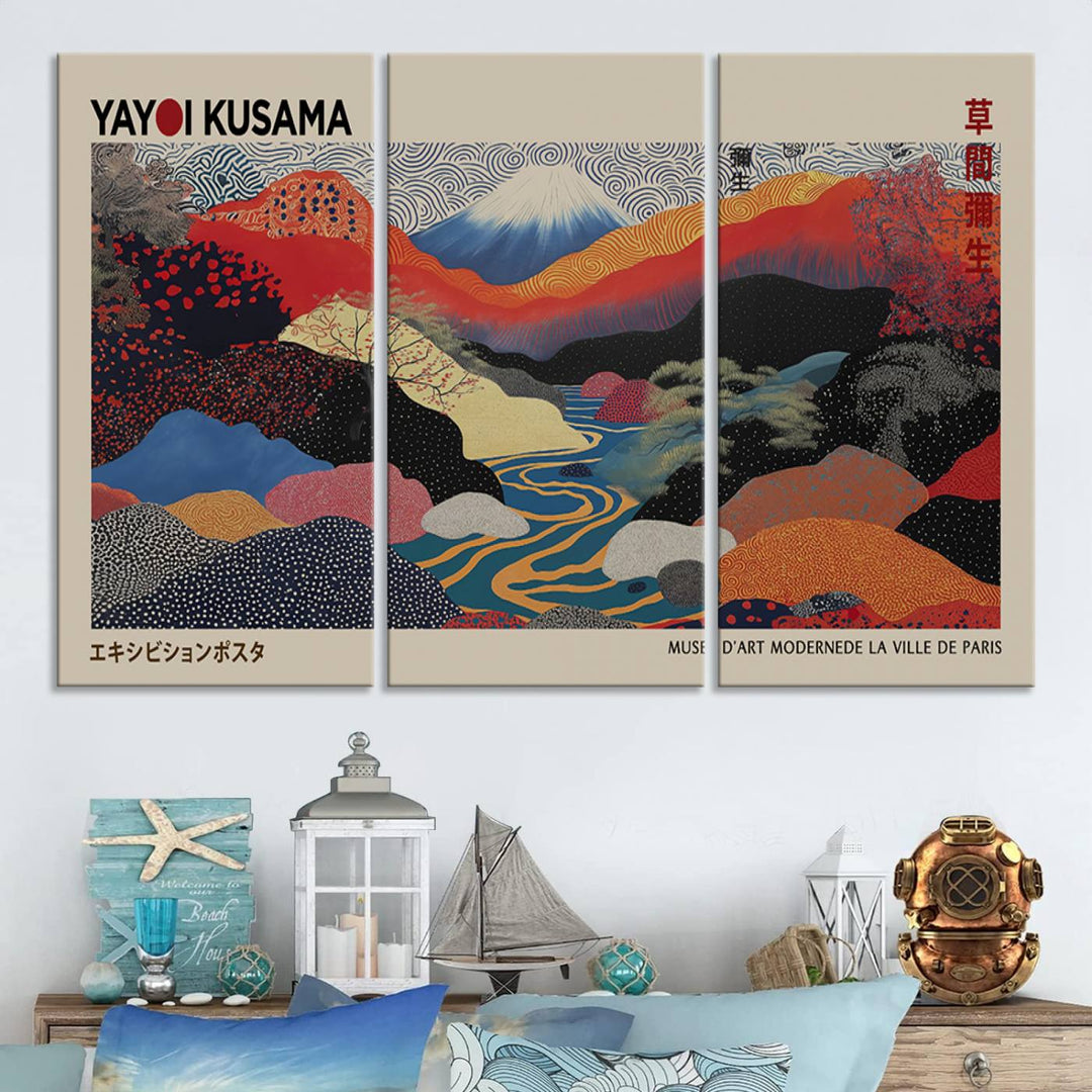 The room showcases Kusamas 1986 vibrant abstract landscape wall art print.