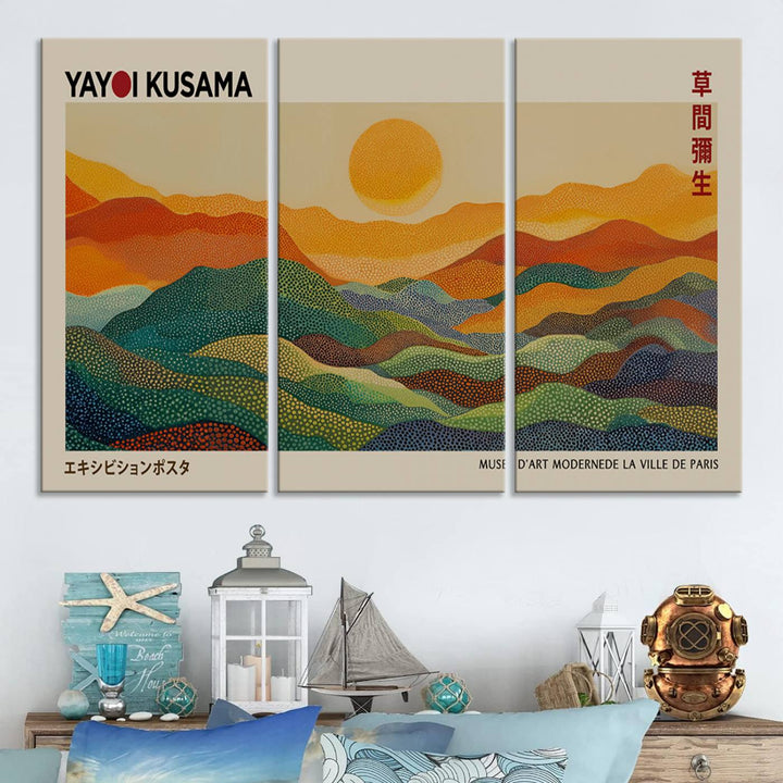 The vibrant abstract landscape depicted in the three-panel "Framed Yayoi Kusama 1986 Wall Art Print" seamlessly integrates nature-inspired décor.