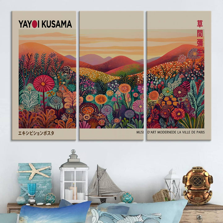 The room is adorned with a triptych artwork depicting colorful flowers and hills, incorporating the "Framed Yayoi Kusama 1986 Wall Art Print" – a vibrant abstract landscape canvas print that blends Japanese Wabi Sabi themes into contemporary nature-inspired décor.