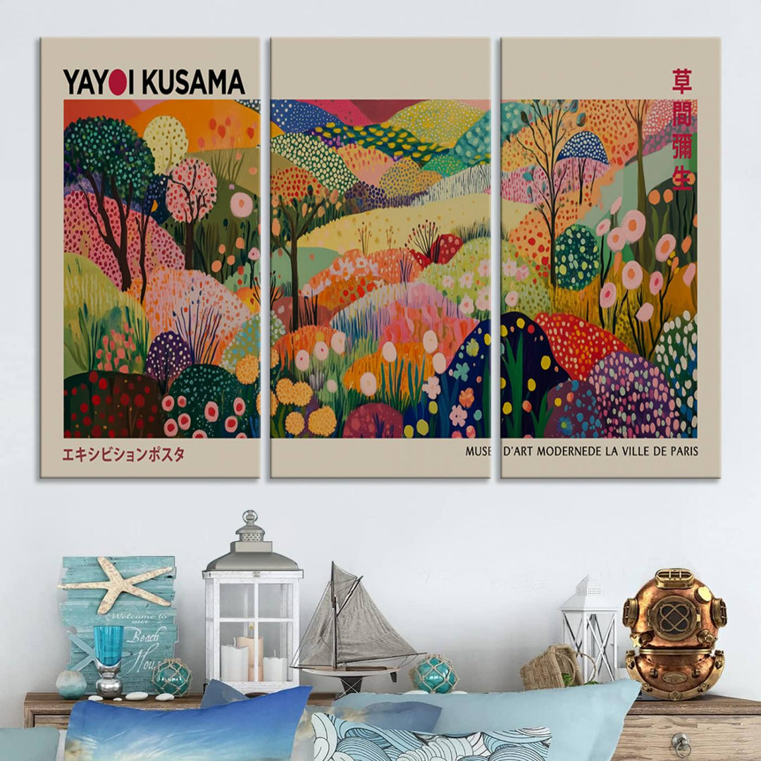 The Framed Yayoi Kusama 1986 Wall Art Print, a vibrant abstract landscape canvas inspired by Japanese design, adds a striking element to the bright room.