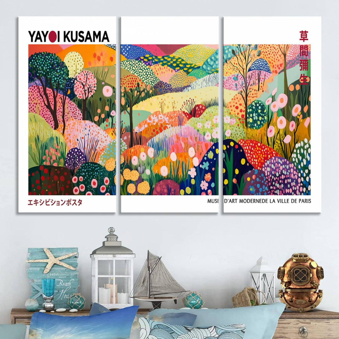 Three vibrant, abstract Yayoi Kusama wall art prints adorn a black wall, creating a perfect blend of contemporary décor.