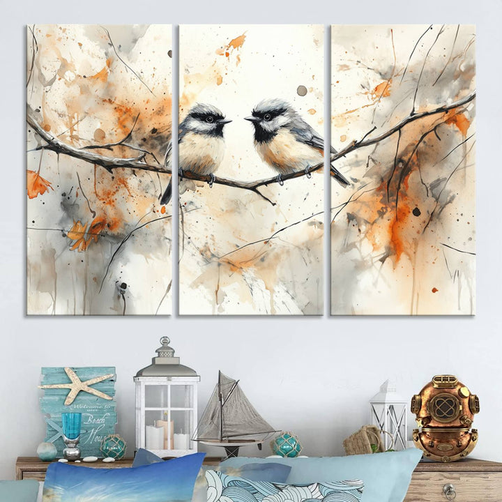 Abstract Watercolor Chickadee Bird Canvas Wall Art Print - Large Bird and Branch Wall Art, Modern Wildlife Wall Decor