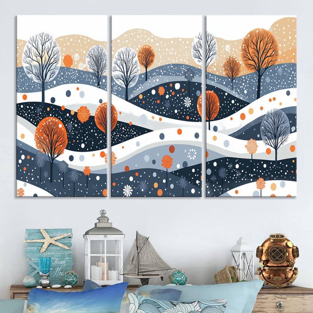 The "Abstract Winter Landscape Canvas Wall Art Print," featuring a triptych of landscapes with trees and hills in vibrant orange, white, and blue hues, adds a gallery-quality finish that transforms the space into an art lover's dream.