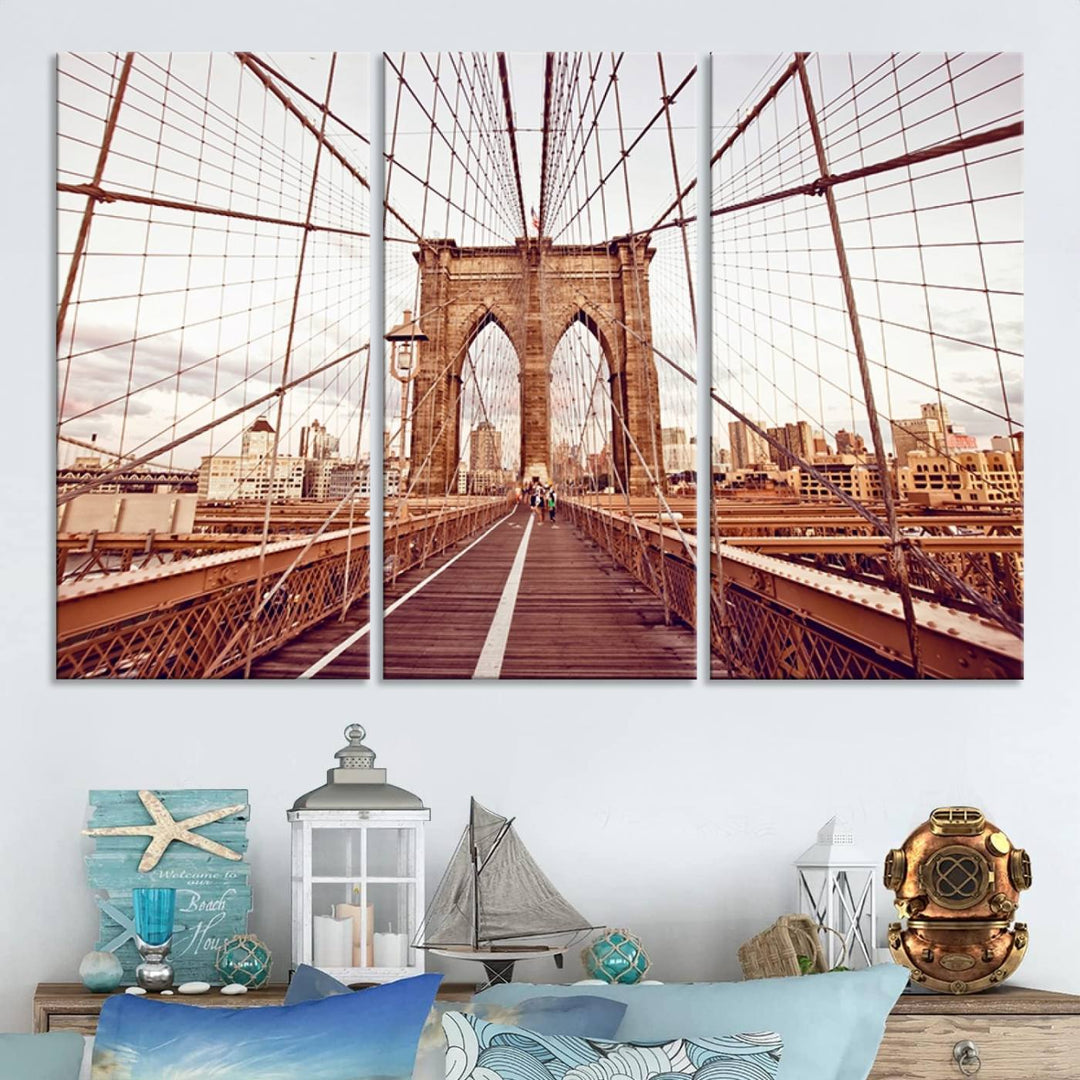 The three-panel "Wall Art New York Manhattan Cityscape Canvas Print" of the Brooklyn Bridge makes an ideal addition to minimalist interiors, capturing the essence of abstract expressionism.