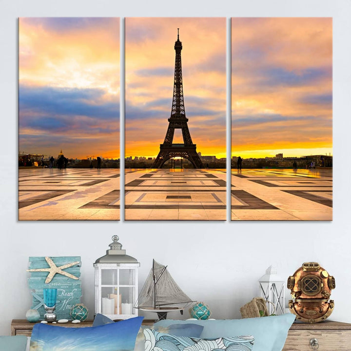 The "Paris Eiffel Tower Wall Art Canvas Prints" graces a wooden wall reminiscent of abstract expressionism.