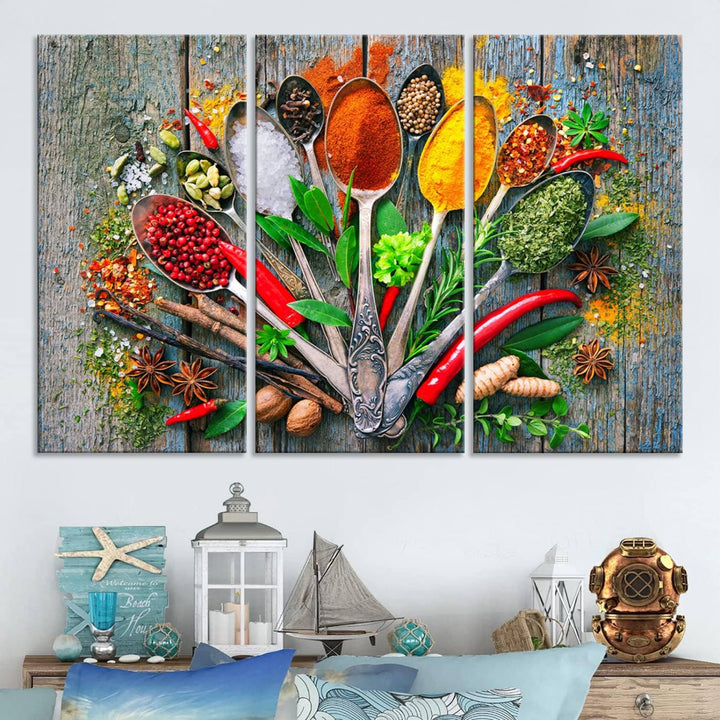 Vibrant Spoonful of Spices kitchen wall art canvas, a culinary triptych ideal for any dining room decor.