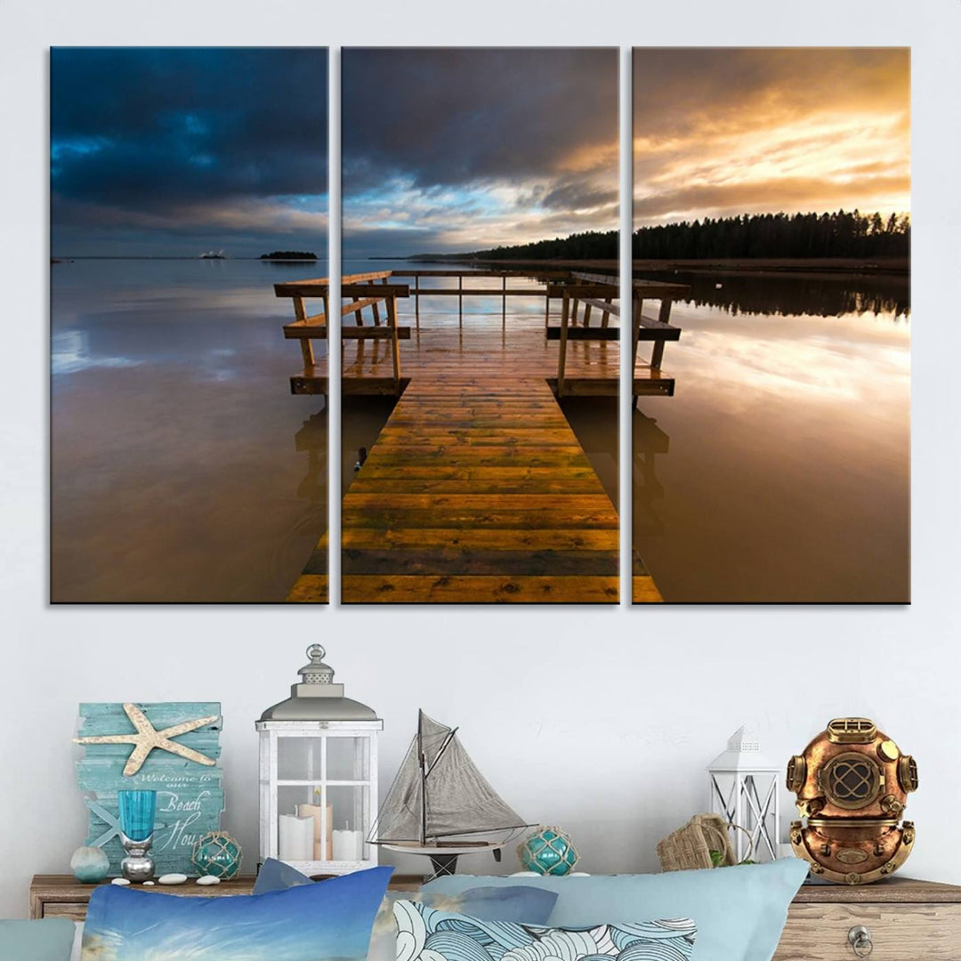 The "Serene Lake Pier at Sunset" landscape canvas print, crafted as ready-to-hang and framed wall art, enriches the contemporary setting by capturing the tranquility of a lakeside pier at sunset.