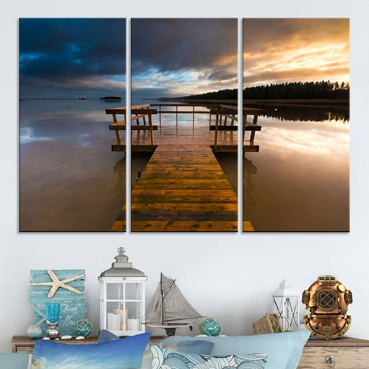 The "Serene Lake Pier at Sunset" landscape canvas print, crafted as ready-to-hang and framed wall art, enriches the contemporary setting by capturing the tranquility of a lakeside pier at sunset.