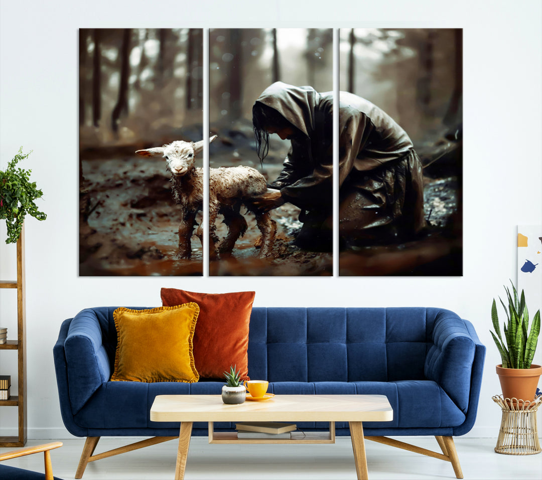 Jesus Lost Lamb Wall Art: A cloaked figure tends a lamb in a muddy forest.