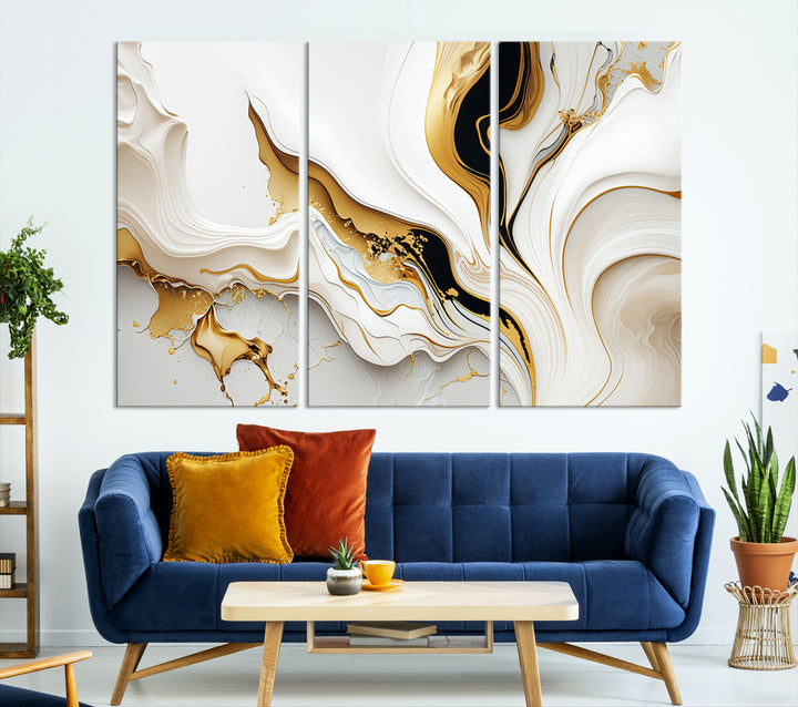 Modern interiors showcase Gold Waves on Pure White Canvas.