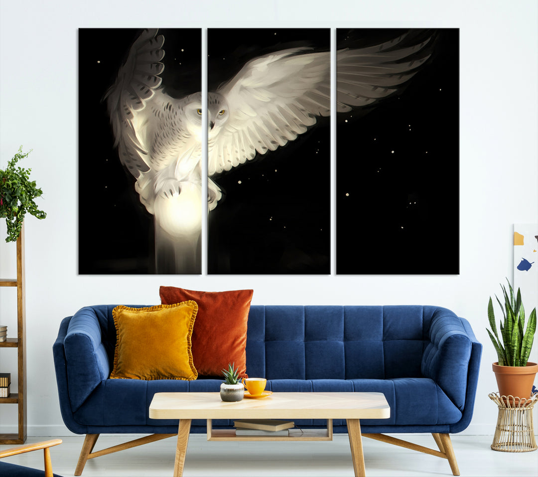 The Night Owl Art graces the wall with its depiction of a snowy owl on a glowing orb, perfect for modern decor.