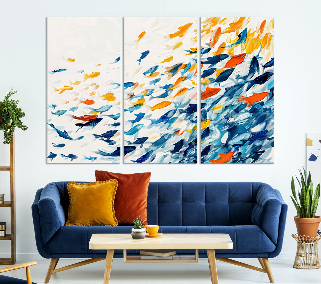 A colorful Abstract Fish Shoal Canvas Print hangs on the wall.