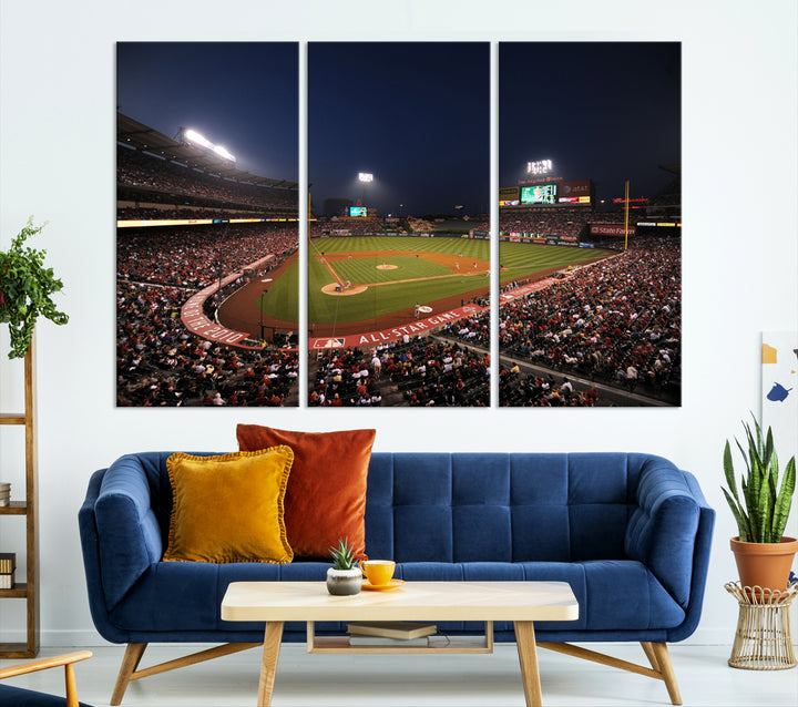 Aerial view of an LA Angels game at night, captured as stunning wall art on premium canvas, handmade in the USA.