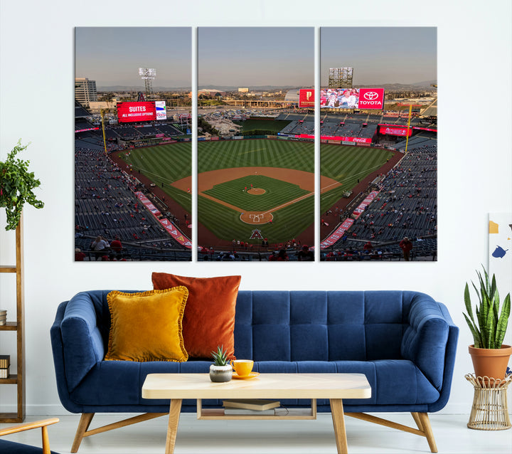 Aerial view of Angel Stadium, perfect as gallery-quality wall art - Los Angeles Angels Canvas Print.