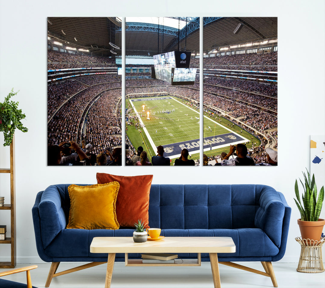 The wall art is a Dallas Cowboys AT&T Stadium Canvas Print, showcasing the iconic logo.