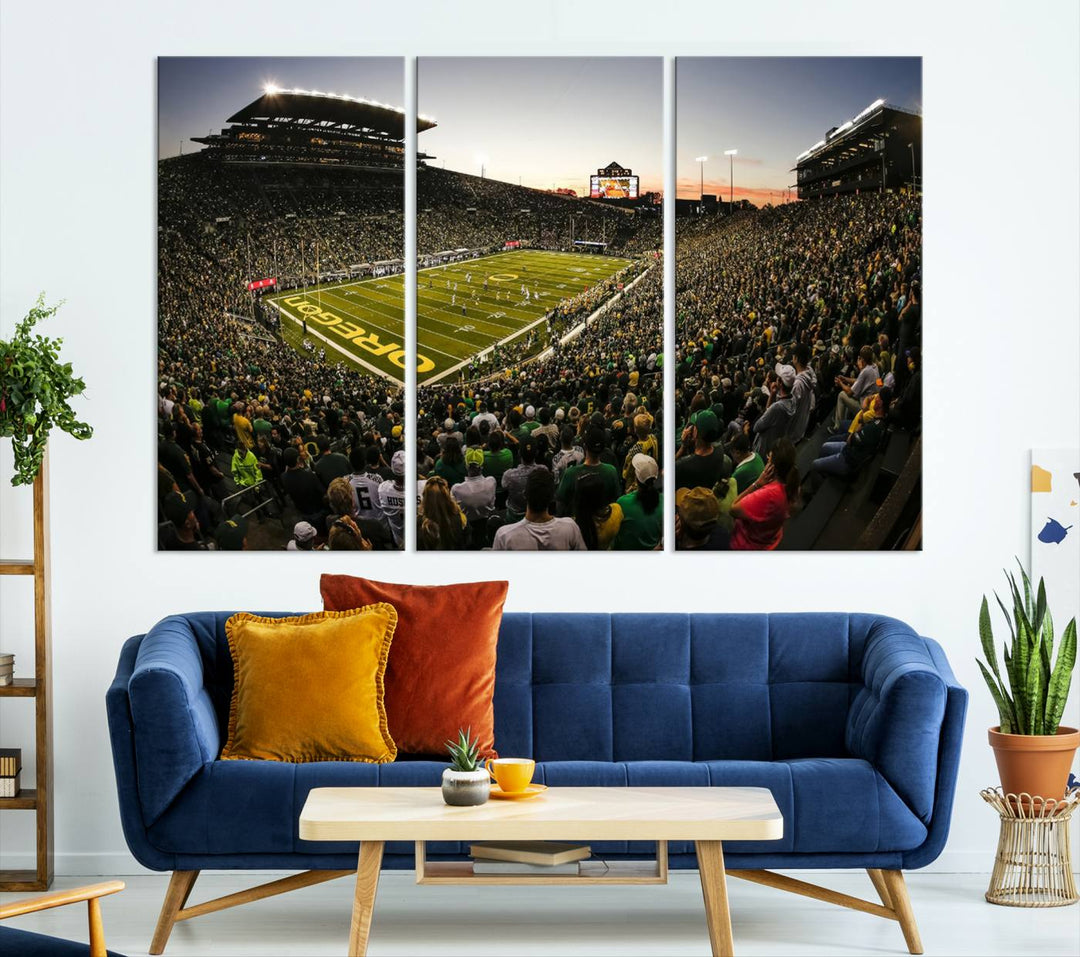 Autzen Stadium Evening Game Triple Canvas Wall Art - Oregon Ducks Football Match