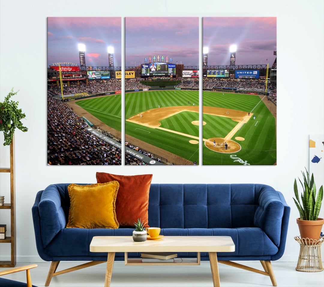 A high-resolution Chicago White Sox Baseball Team Print, featuring Guaranteed Rate Field Stadium at sunset on museum-quality canvas with UV-protective coating, is displayed.