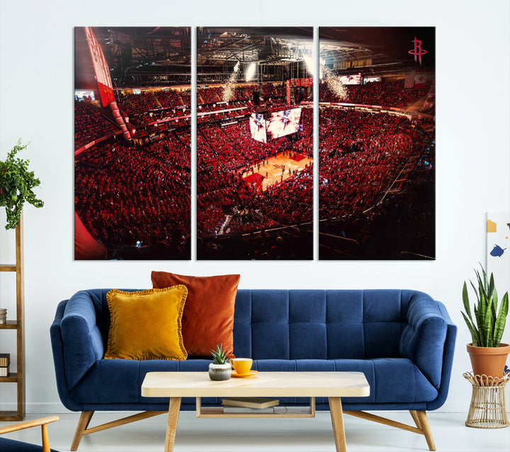 A crowded basketball arena with red lighting hosts a Houston Rockets game.