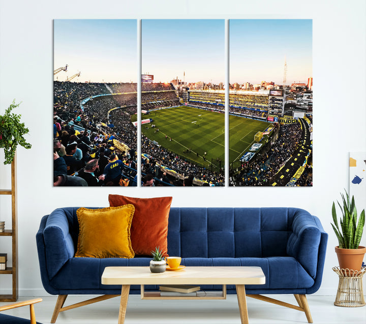 The wall art canvas print vividly captures the dynamic soccer culture at Bombonera Stadium with its vibrant depiction.