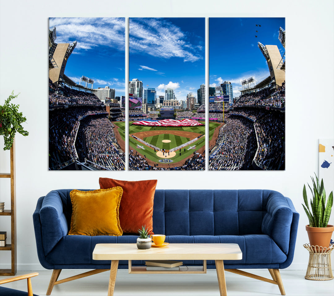 Wall art canvas print depicting an aerial view of Petco Park stadium filled with fans and a vibrant cityscape of San Diego Padres.