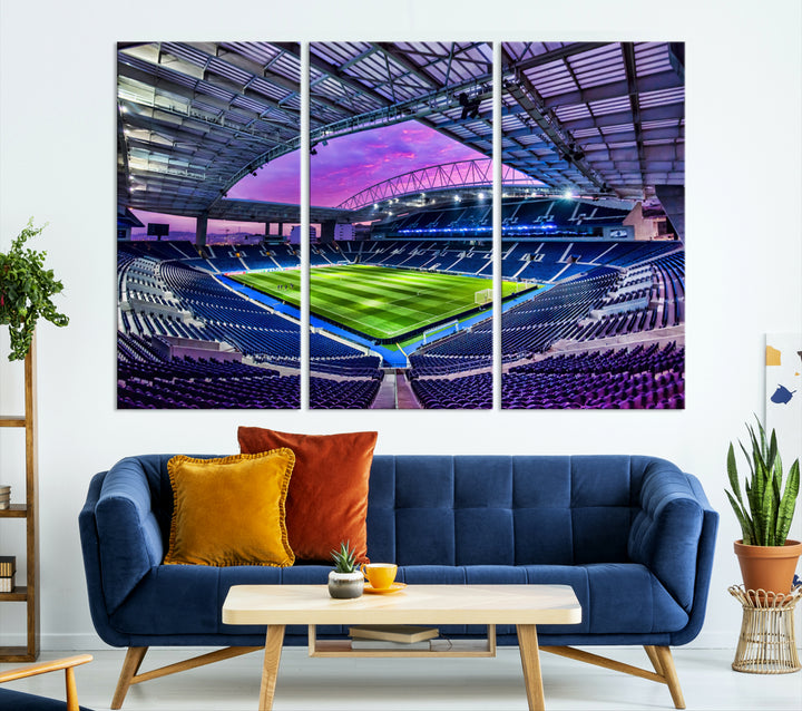 The FC Porto Soccer Team Dragon Stadium Wall Art Canvas Print decorates the room.