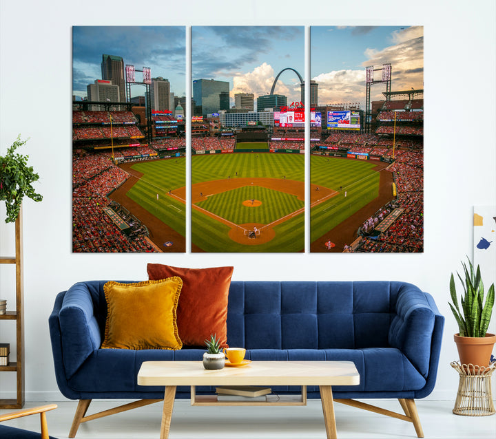 Canvas art of the St. Louis Cardinals Busch Stadium, capturing the citys skyline.