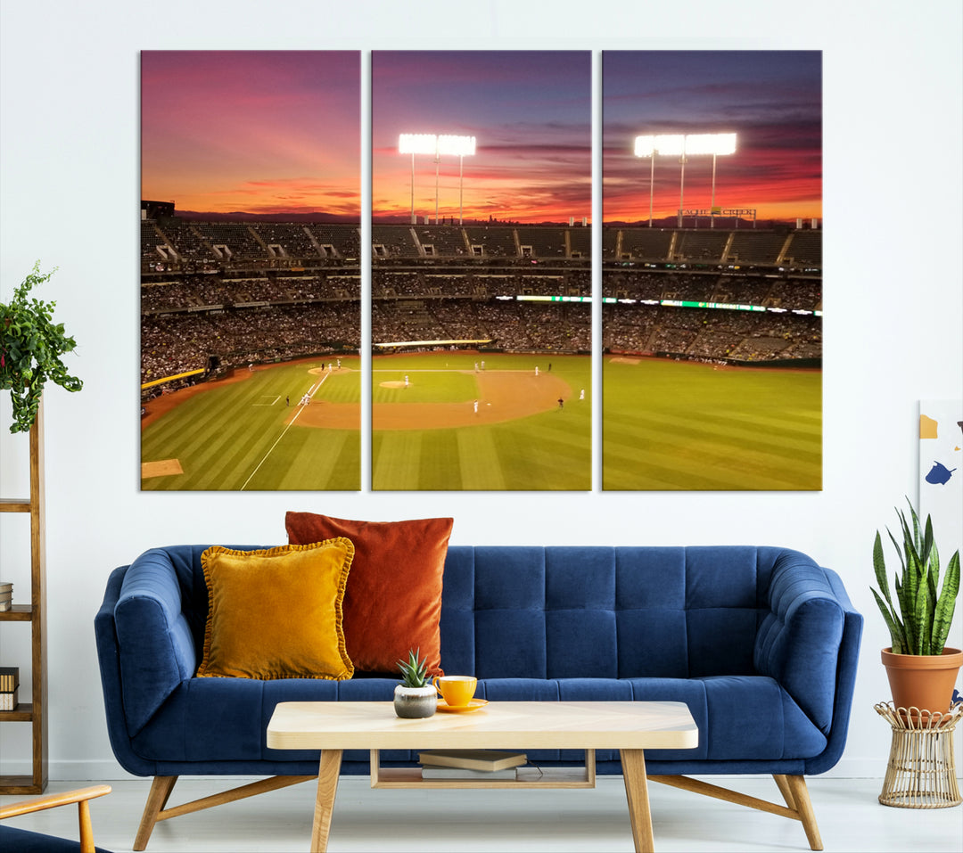 The Oakland Coliseum print is a museum-quality canvas depicting a full crowd and a sunset.