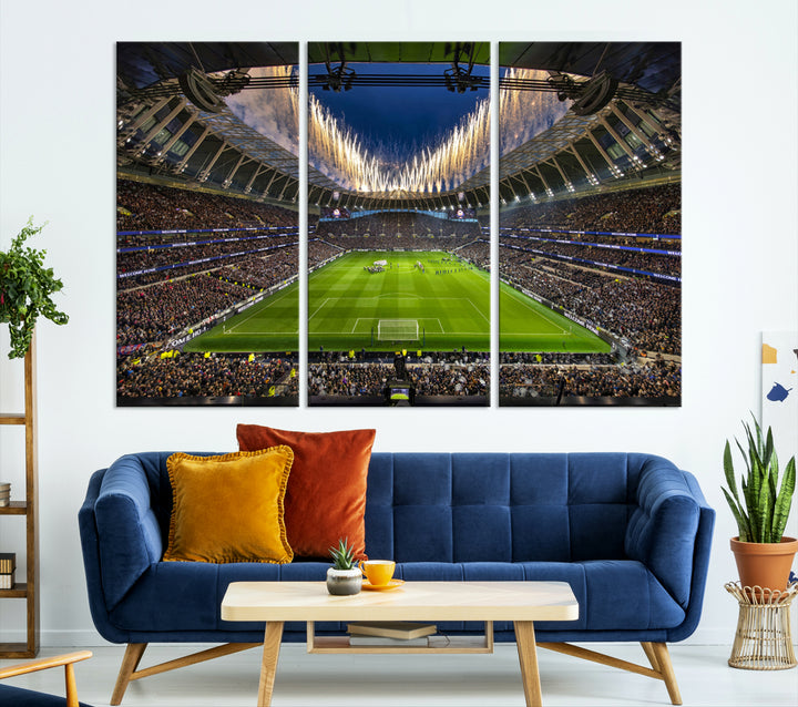 A stunning Tottenham Hotspur Stadium wall art captures the energy of a stadium packed with fans and vibrant lights.