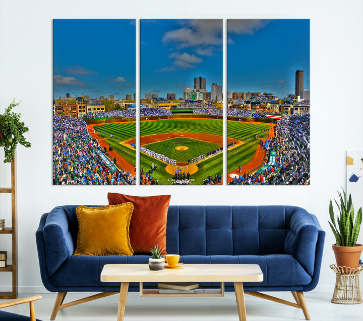 Wrigley Field Chicago Cubs Panoramic 3-Piece Canvas Wall Art - Iconic Baseball Stadium Print for Sports Lovers - Ready to Hang