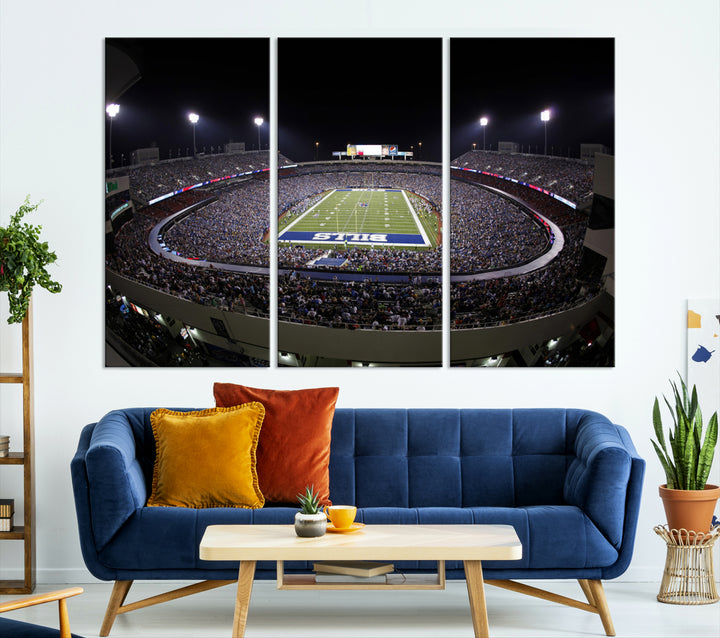 The Buffalo Bills NFL Highmark Stadium at night print captures the bright lights, conveying an exhilarating atmosphere.