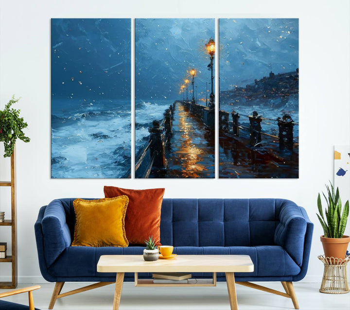 Framed 3-Panel Seaside Night Pier Oil Painting Canvas Wall Art | Ready to Hang Coastal Landscape Art for Modern Living Room, Office, or Bedroom Decor