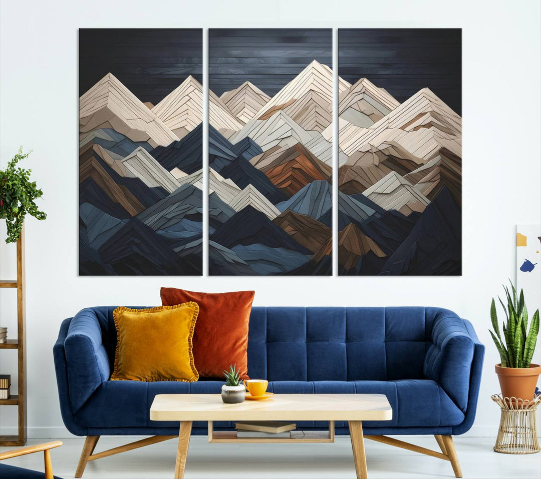 Wood Style Mountain Range Wall Art - Ready to Hang 3-Piece Set for Modern Rustic Decor, Abstract Wooden Design for Living Rooms, Bedrooms & Offices