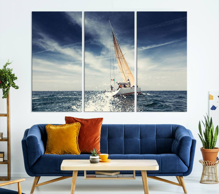 Sailboat Ocean Beach Blue Sky Wall Art Canvas Print