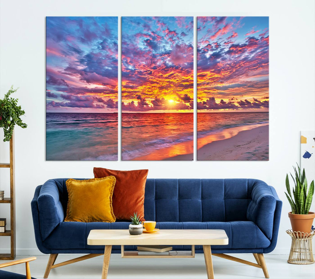 Vibrant Sunset Beach Wall Art | Ocean Sunset Canvas Print | Coastal Wall Art Decor | Ready to Hang | Stunning Sunset Scene for Home or Office Decor