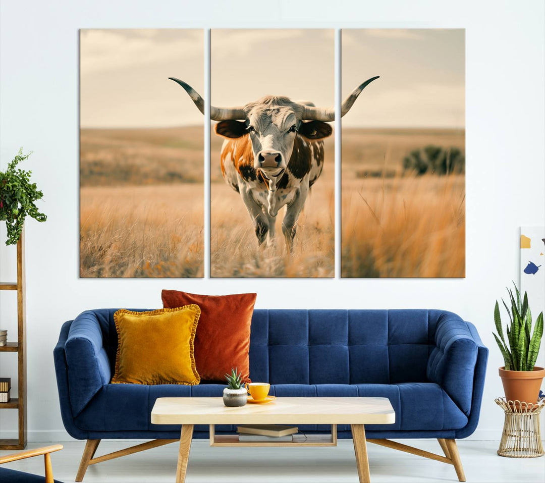 The Texas Cow Longhorn Wall Art Canvas adds rustic charm to the decor.