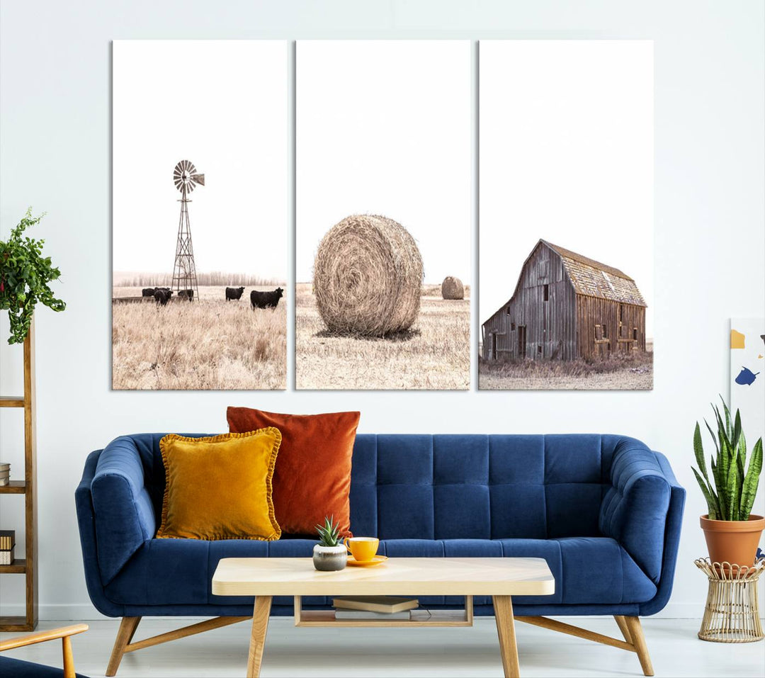 Above the couch, a Rustic Farmhouse Wall Art set depicts a barn and wheat field.