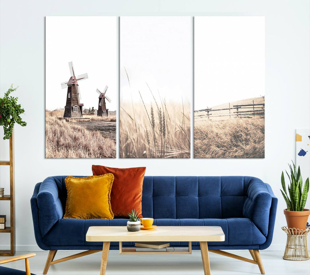 Farmhouse wall art set: 3 giclee canvas prints featuring windmills and wheat fields.