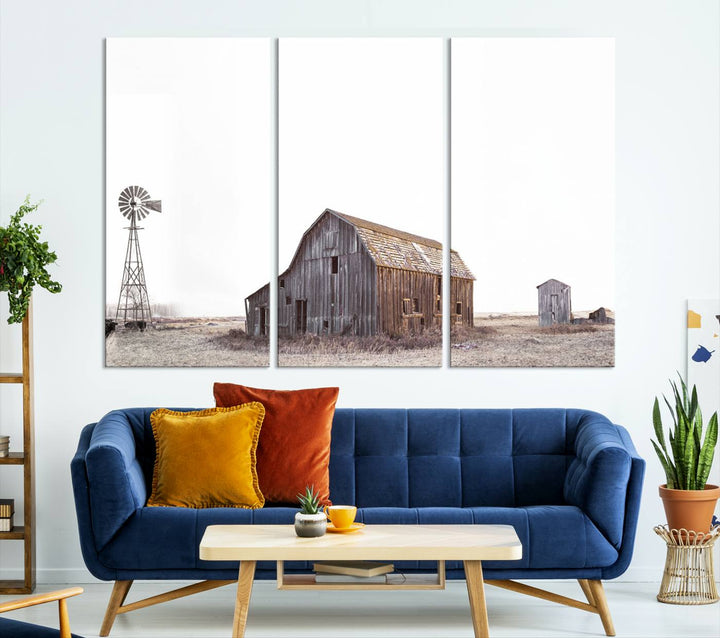 The Set of 3 Rustic Farmhouse Wall Art Prints features a barn, wheat field, and landscape.